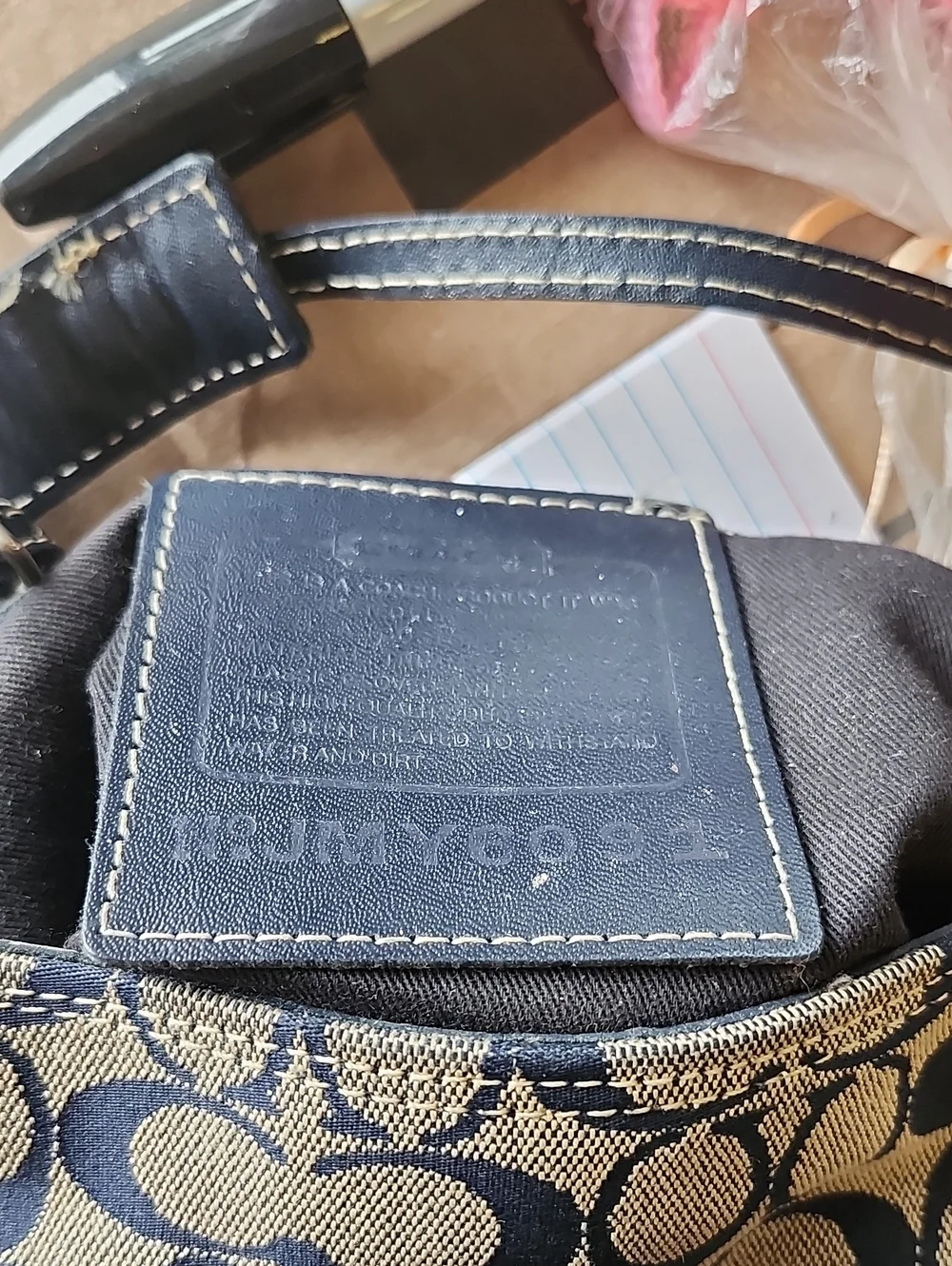 Coach Navy and Tan Signature Canvas Shoulder Bag
